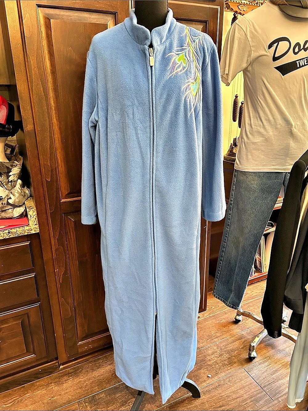 Bob Mackie Sz L Zip Front Wearable Art Embroidered Phoenix Blue Fleece Maxi Robe